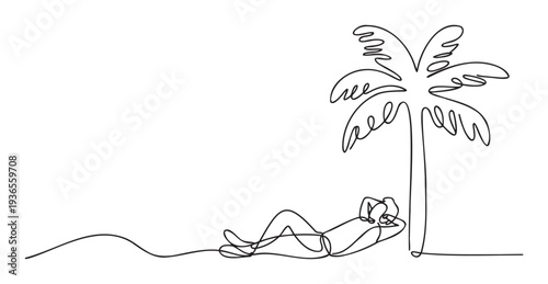 Simple continuous line drawing of a person unwinding on a tropical beach with a majestic palm tree, ideal for marketing summer getaways and peaceful retreats.