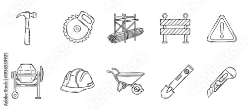 Essential construction tools and equipment icons drawn in a hand drawn style are perfect for building industry web interfaces presentations and print materials
