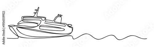 Elegant continuous line drawing of a passenger cruise ship sailing on ocean waves, perfect for travel agency brochures and modern maritime themed promotions