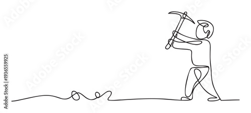 Continuous line drawing of a person using a pickaxe, symbolizing hard work and perseverance for business presentations or motivational content.