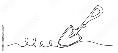 Minimalist continuous line drawing of a garden shovel digging into the ground, perfect for agricultural brochures, landscaping websites, or outdoor project branding.