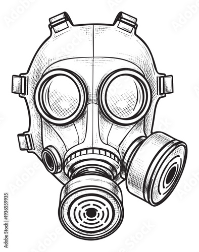 Detailed black and white drawing of a gas mask with respirator filters for themes of protection, danger, safety, or survival in industrial, military, or environmental hazard contexts