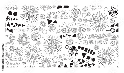 Black and white abstract geometric and organic shapes creating a dynamic primitive mosaic perfect for textile print wallpaper surface decor or graphic background projects