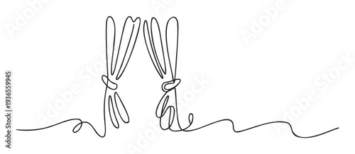 Continuous single line drawing of elegant room curtains pulled open and tied at the sides, perfect for event invitations, web graphics, or decorative print materials.