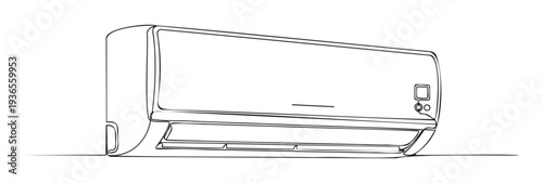 Simple continuous line drawing of a modern air conditioner indoor unit, representing climate control and home appliance technology for various uses.