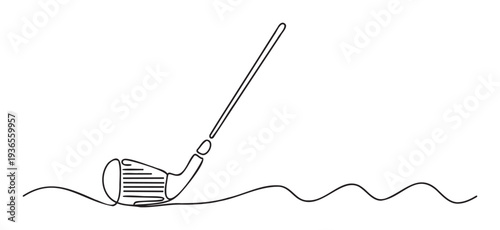 Minimalist continuous line drawing of a golf club preparing to swing on a wavy ground line, excellent for sports academy promotions, golf championship banners, or modern golf merchandise