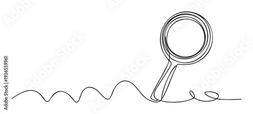 Continuous black line artwork of a searching magnifying glass linked by an undulating path, ideal for conveying concepts of research, insight, and problemsolving in digital media