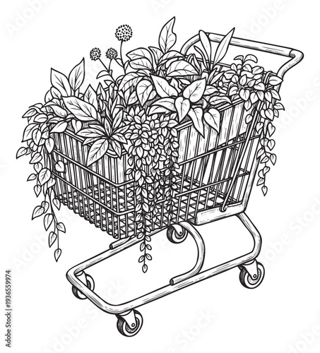 Linocut style graphic of a shopping cart overflowing with lush green plants and flowering botanical elements, perfect for ecofriendly retail promotions, gardening themes, or sustainable