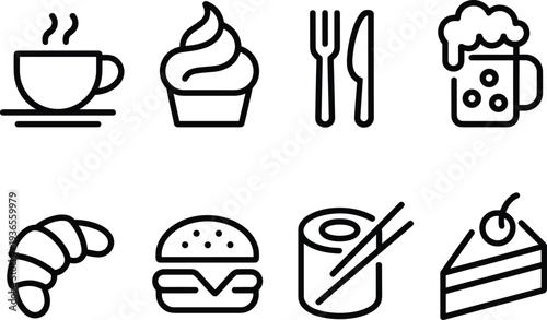 Food and drink outline icons set, coffee, burger, croissant, sushi, cake, beer, dessert, restaurant menu line symbols