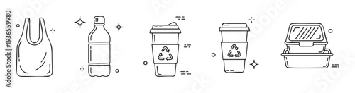 Collection of essential line icons depicting common single use items like plastic bags, water bottles, reusable coffee cups with recycle symbols, and takeout food containers for eco