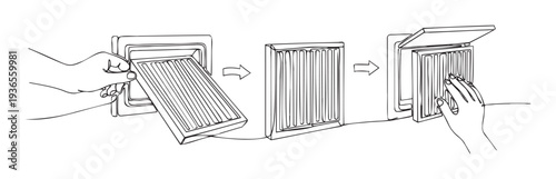 A line drawing depicting the stepbystep process of removing and installing an air filter or vent cover from a wall opening, useful for DIY guides, maintenance instructions, or home