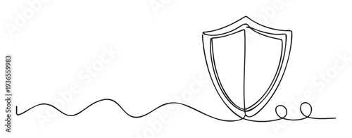 Simple single line artwork depicting a robust shield emblem, ideal for illustrating data protection, cyber security, and safeguard principles in modern graphic projects.