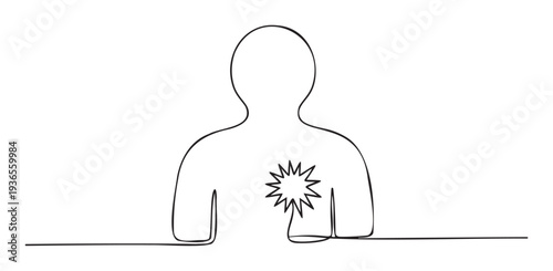 Minimalist one line illustration of human torso with radiating pain over the heart, perfect for medical, psychological, and wellness visual communication.