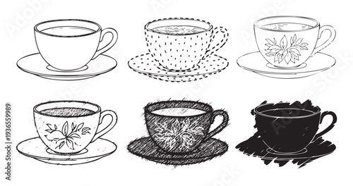 Six distinct hand drawn beverage cups and saucers in various line art and textured styles offer versatile graphic assets for drink menus, cafe promotions, and kitchen decor.
