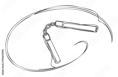 A dynamic line drawing of a nunchaku in swift motion, ideal for martial arts training advertisements, combat sport event promotions, or selfdefense instruction materials.