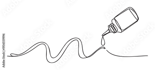Continuous line drawing of a small bottle dispensing a liquid drop creating a dynamic wavy trail, ideal for medical, scientific, or cosmetic industry graphics and educational material