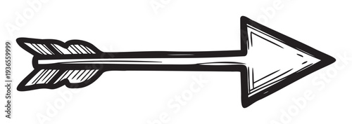 Black and white hand drawn arrow pointing right with a sketchy outline and fletching perfect for directional indicators, navigation icons, and illustrative graphic communication applications