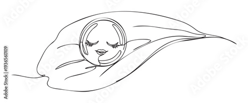 A serene single line drawing of a sleeping baby face nestled in a large leaf, ideal for maternal health, naturethemed wellness, or childcare marketing materials and peaceful nursery decor.