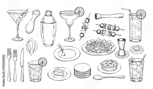 Discover a comprehensive hand drawn black and white outline collection featuring popular cocktails, savory appetizers, and essential bar accessories for menus or culinary projects.