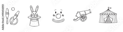 Hand drawn circus themed doodles featuring juggling equipment, a rabbit in a hat, a clown face, a cannon, and a big top tent, ideal for entertainment graphics and event designs.