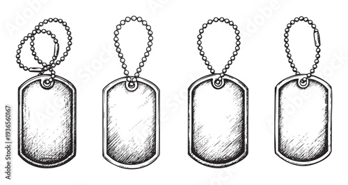 Military identification dog tags with bead chains in a handdrawn sketch style are perfect for historical, patriotic, veteranthemed graphic projects and commemorative materials.