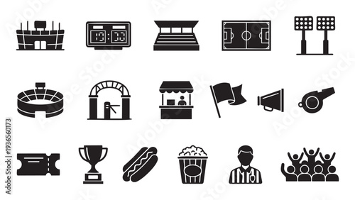 Comprehensive collection of sports and football related glyph icons including stadium, scoreboard, field, referee, and fans perfect for graphic projects and event promotions