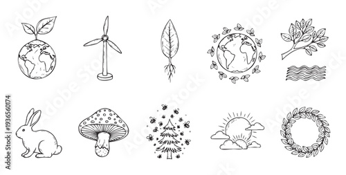 Ecology and environmental sustainability symbols with various hand drawn icons depicting renewable energy, nature, and wildlife for educational content or earth friendly promotional