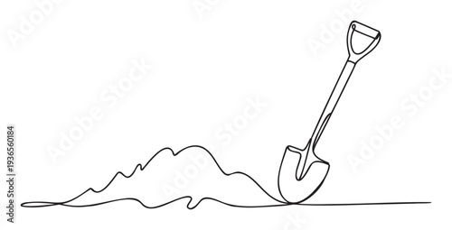 Minimalist continuous line drawing of a shovel breaking ground and forming a mound of soil, ideal for presentations on agriculture, construction, or gardening activities.