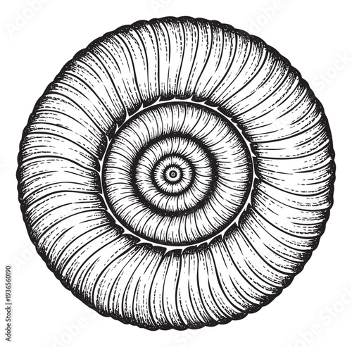 Black and white handdrawn spiral shell from a mollusk or ammonite, perfect for educational materials, scientific publications, and decorative graphic designs.