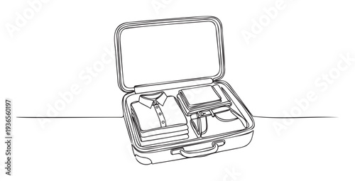 Open travel suitcase packed neatly with folded clothing including a collared shirt and pants, ready for a journey or business trip presentation for planning and preparation themes