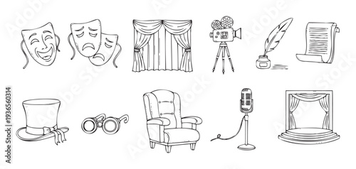 Engaging collection of handdrawn entertainment icons for theatre, film, and media productions, perfect for educational materials, event posters, or digital interfaces.