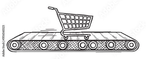 Sketch of a shopping cart on a conveyor belt, signifying modern ecommerce, streamlined delivery processes, and efficient retail logistics, useful for various business and marketing purposes.