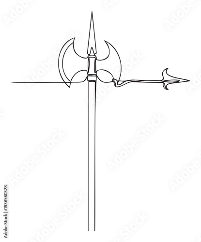 Single continuous line drawing of a medieval halberd and an arrow perfect for historical gaming themes or educational resources requiring simple graphics.