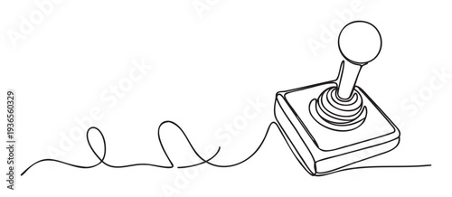 Minimalist continuous line drawing of a classic joystick game controller with a looping cable, suitable for technology websites, gaming blogs, or retro entertainment presentations