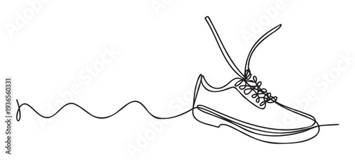 A minimalist continuous line drawing depicting a modern athletic running shoe, perfect for sports event branding, fitness club promotions, active lifestyle marketing, or workout motivation