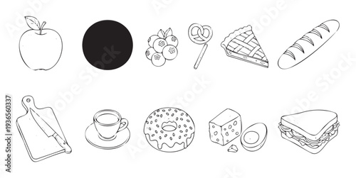 A diverse collection of everyday food items and kitchen tools presented in a hand drawn outline style, ideal for culinary branding, cafe menus, or recipe illustrations