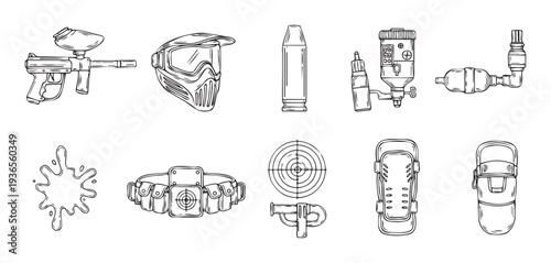Paintball sports equipment collection featuring markers, protective masks, ammunition, and accessories, perfect for gamethemed apparel, advertisements, and recreational activity promotions.