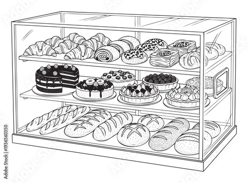 A tempting array of fresh baked goods including croissants, cakes, tarts, and loaves displayed in a bakery showcase, ideal for menus, cookbooks, or delicious patisserie advertisements.