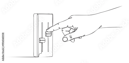 A minimalist single line drawing of a hand adjusting a fader on a control panel, representing concepts of adjustment, volume control, sound engineering, and precision tuning for various