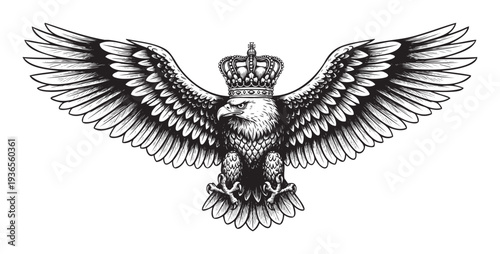 Majestic crowned eagle with broad wings spanning, embodying power and nobility for historical themed projects, military symbols, or heraldic imagery applications.