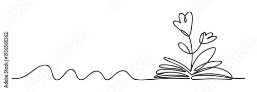 Continuous one line drawing depicting an open book from which blooming flowers emerge, symbolizing knowledge, personal growth, and the transformative power of education for various graphic