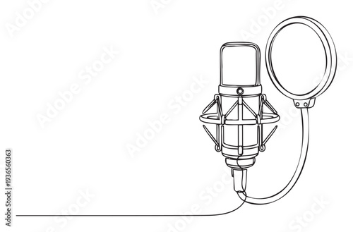 Minimalist one line drawing of a professional condenser microphone with a pop filter, perfect for modern audio production, podcasting, music recording, and broadcast studio graphics.