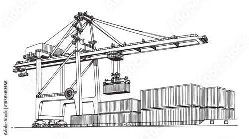 Heavyduty port gantry crane moving an intermodal shipping container on a large vessel, illustrating global freight transportation and maritime logistics operations.