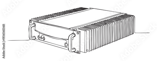 A detailed technical outline drawing depicting a rackmount electronic device with ventilation fins and front panel handles, perfect for engineering diagrams and hardware presentations.