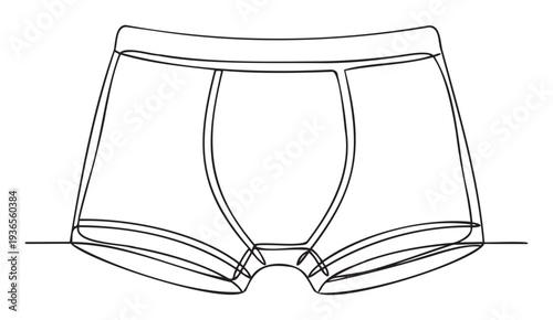 Continuous line art depicting a pair of comfortable mens boxer briefs, ideal for apparel websites, intimate wear promotions, and simple garment presentations.