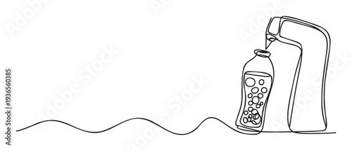 Minimalist one line drawing graphic depicting a modern beverage dispenser filling a reusable bottle with refreshing sparkling liquid, ideal for healthy hydration marketing materials and
