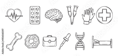 Medical healthcare and health diagnosis symbols including heart, brain, pills, crutches, and DNA helix for educational materials and wellness campaigns