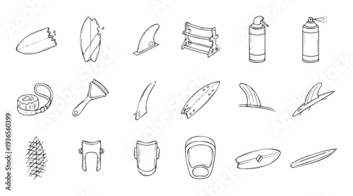 A diverse collection of essential surfing gear and accessories, featuring surfboards, fins, wax, and tools, ideal for sports retail marketing or beach lifestyle designs.