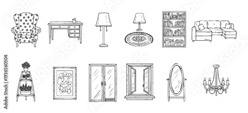 Handdrawn furniture and home decor items collection featuring various household objects for interior design projects and domestic living space arrangements