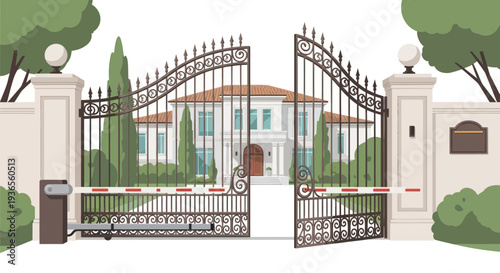 Luxury Mansion Entrance With Wrought Iron Gates And Security Barrier